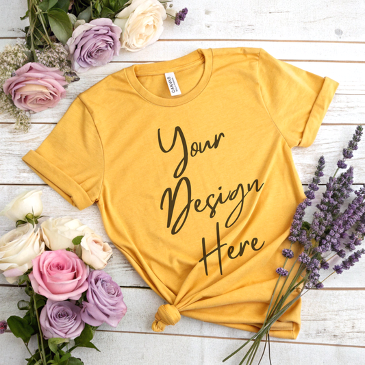 Bella Canvas 3001 mustard t-shirt mockup PNG 300 DPI with floral background β Dazzle Darling