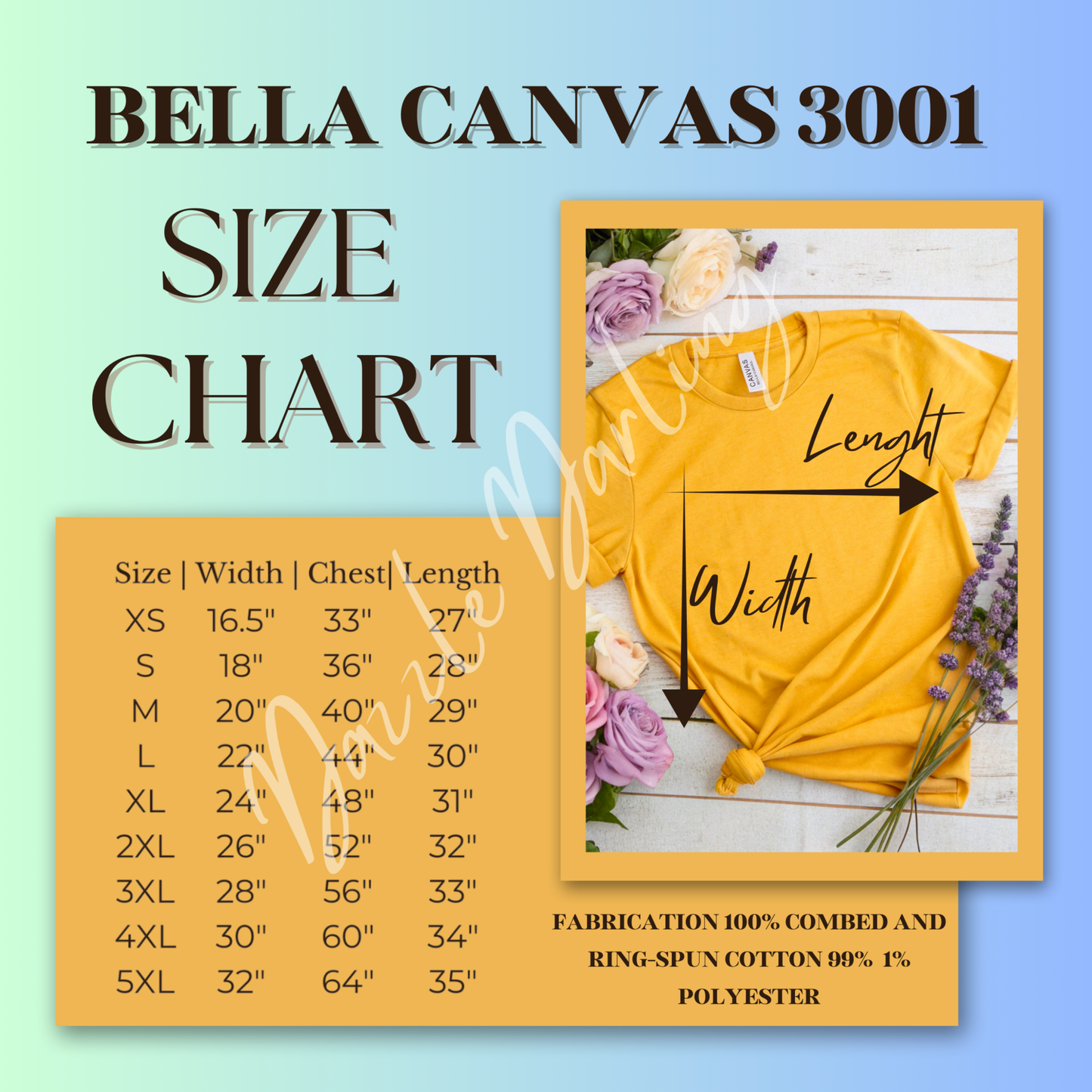 Bella Canvas 3001 size chart with a yellow t-shirt and floral background