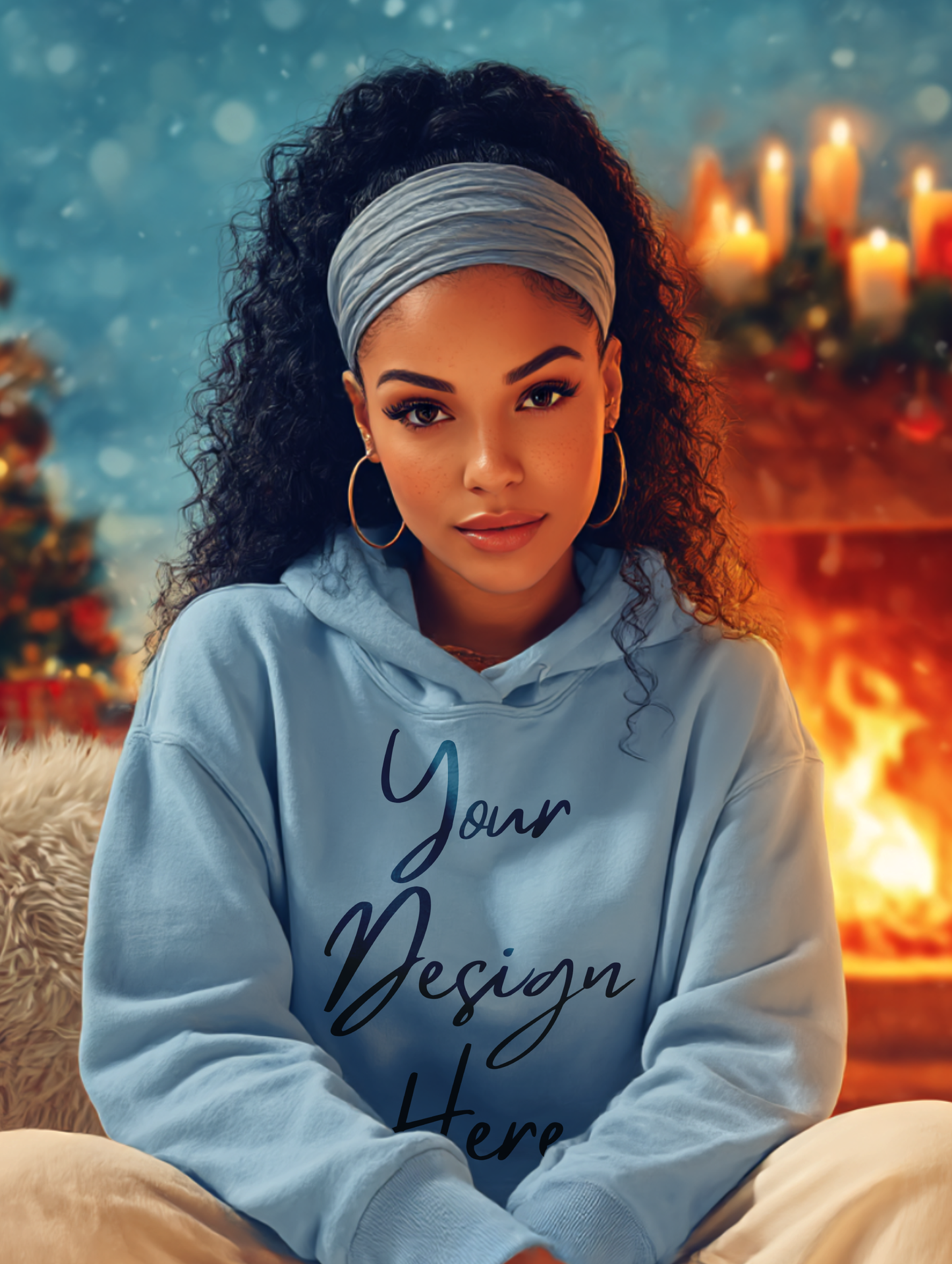 Woman wearing a light blue hoodie with 'Your Design Here' text, sitting in front of a Christmas tree and fireplace.
