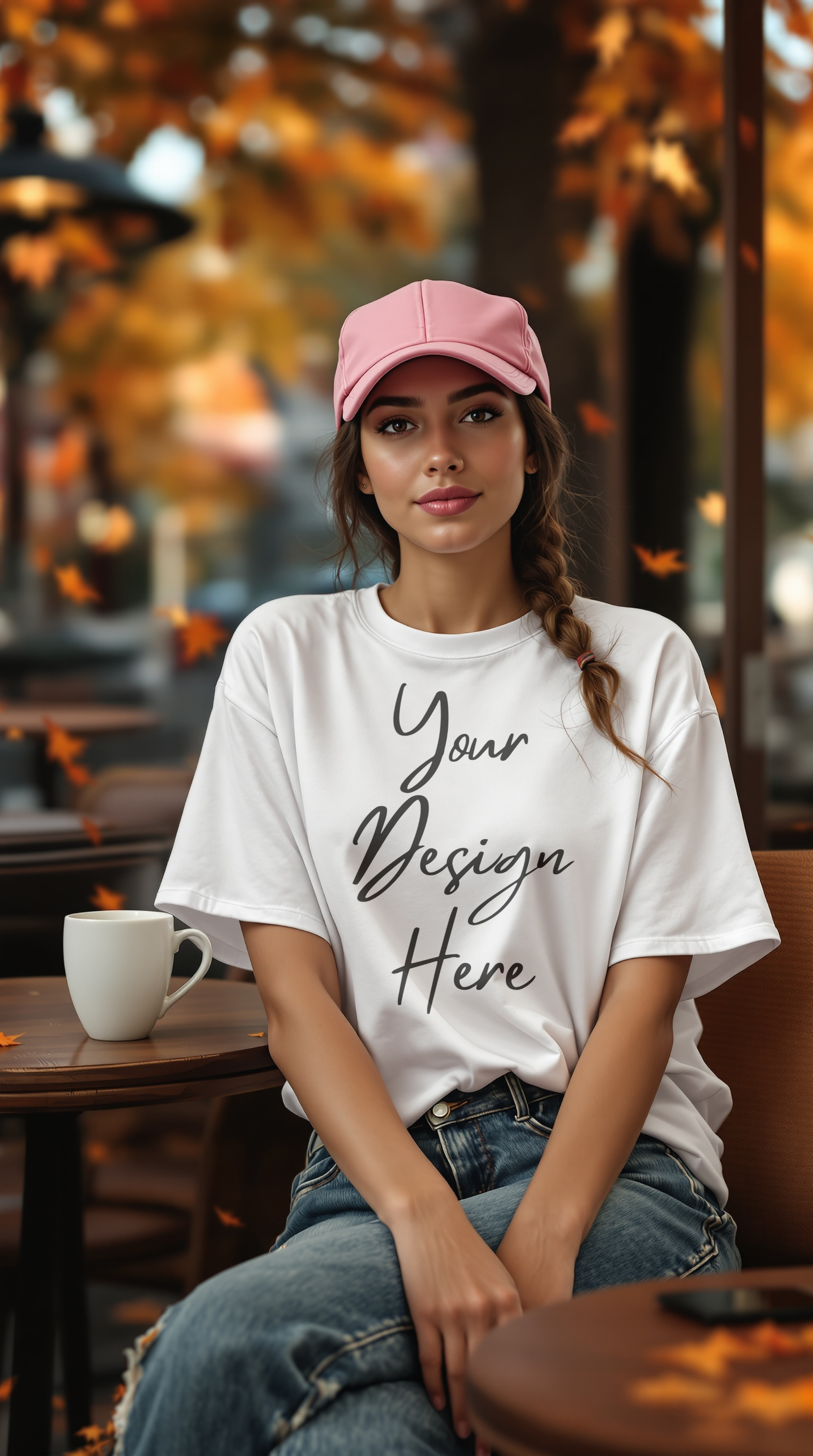 Woman wearing a white t-shirt with 'Your Design Here' text, sitting at an outdoor cafe.