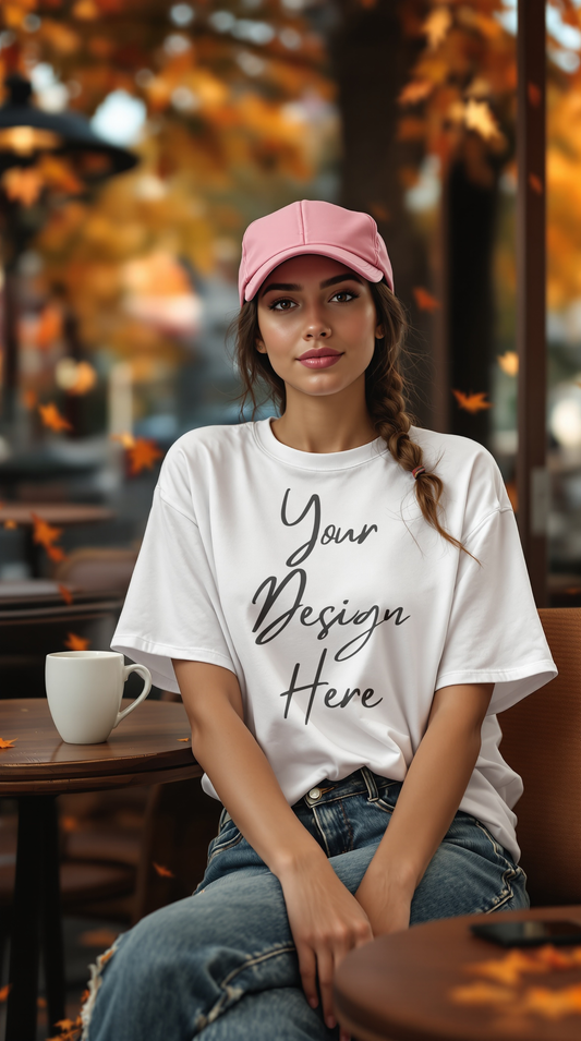 Woman wearing a white t-shirt with 'Your Design Here' text, sitting at an outdoor cafe.