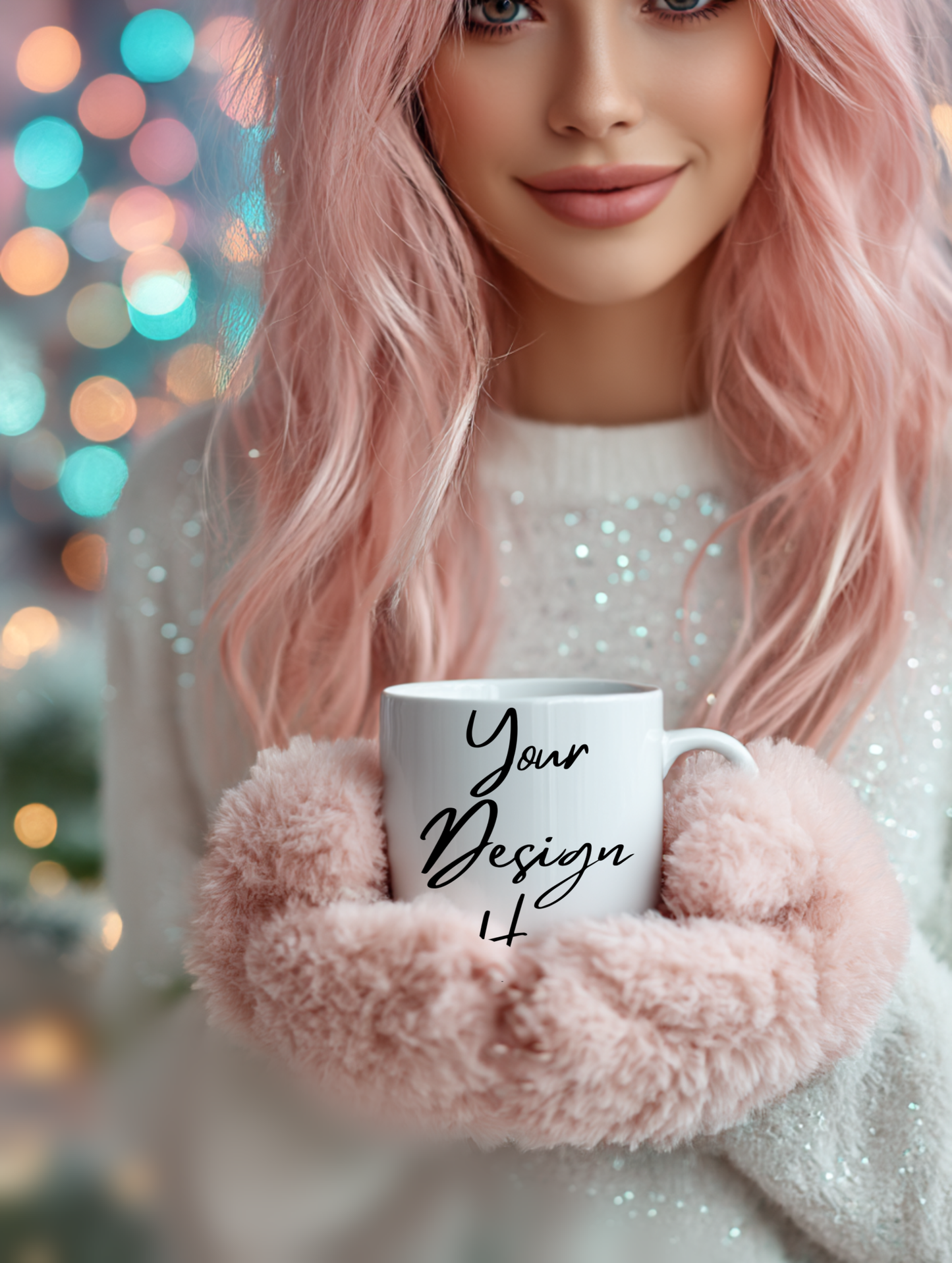 Person with pink hair holding a mug with 'Your Design' text against a blurred festive background