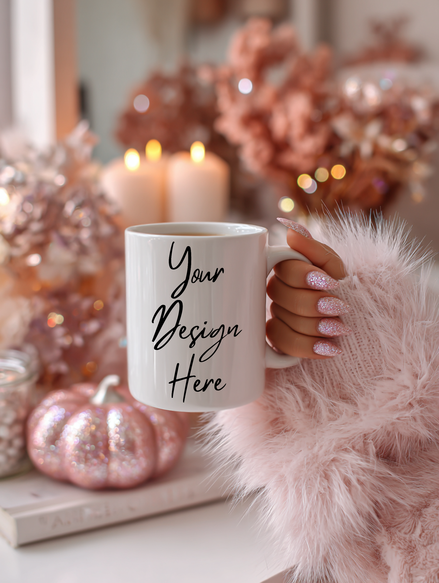 Cozy glam pink pumpkin mug mockup close-up — Barbiecore fall aesthetic PNG 300 DPI