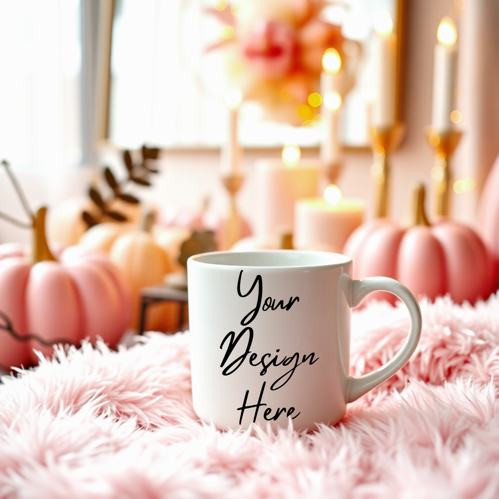 White mug with 'Your Design Here' text on a pink surface with pumpkins and lights in the background