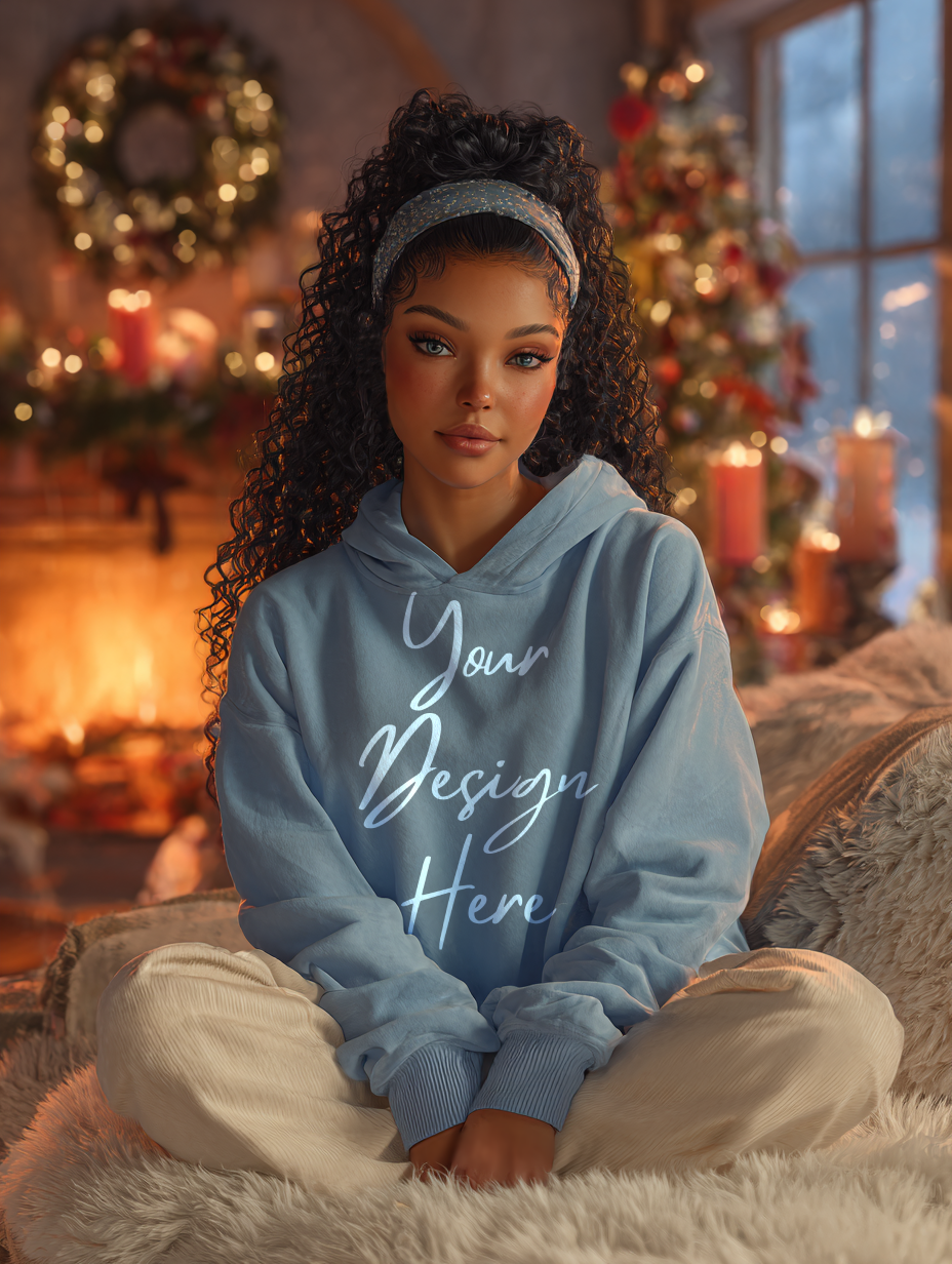 Cozy Christmas hoodie mockup in baby blue color, 300 DPI PSD and PNG for print-on-demand designs, premium lifestyle photo.