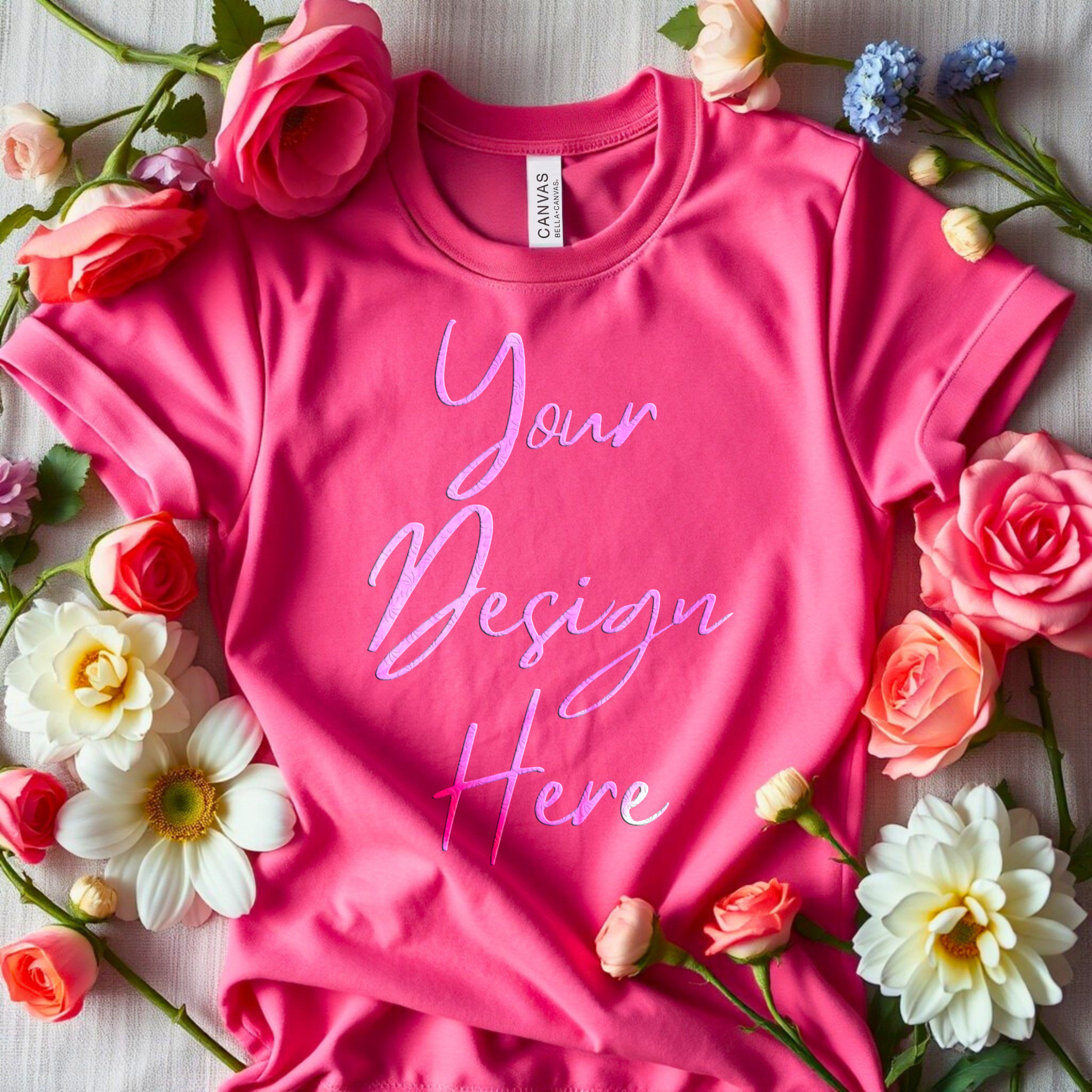 Bella Canvas 3001 fuchsia t-shirt flat lay mockup PNG 300 DPI with floral background – Dazzle Darling