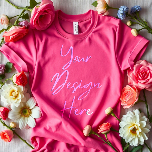Bella Canvas 3001 fuchsia t-shirt flat lay mockup PNG 300 DPI with floral background – Dazzle Darling