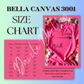 Bella Canvas 3001 size chart with a pink shirt on a blue background