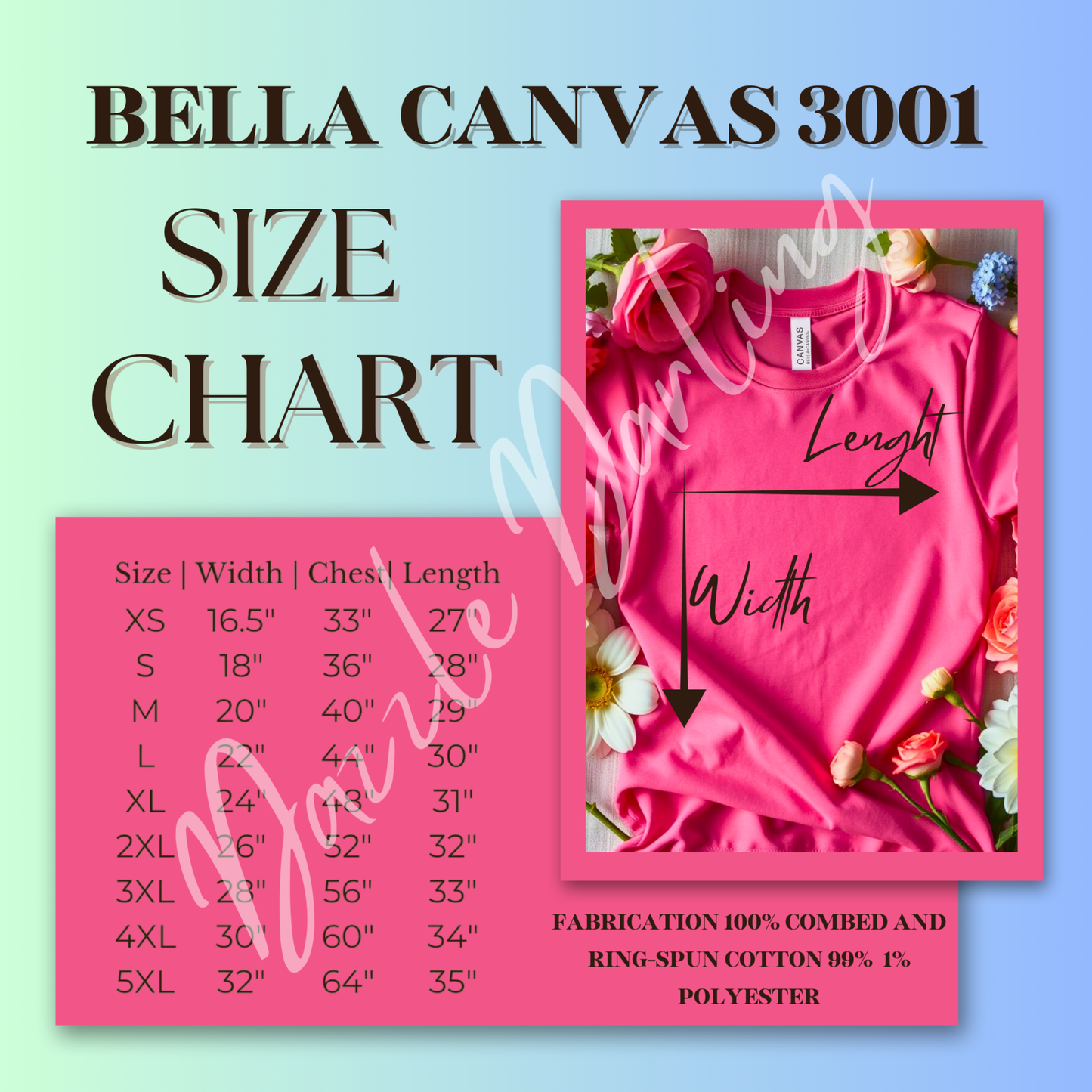 Bella Canvas 3001 size chart with a pink shirt on a blue background