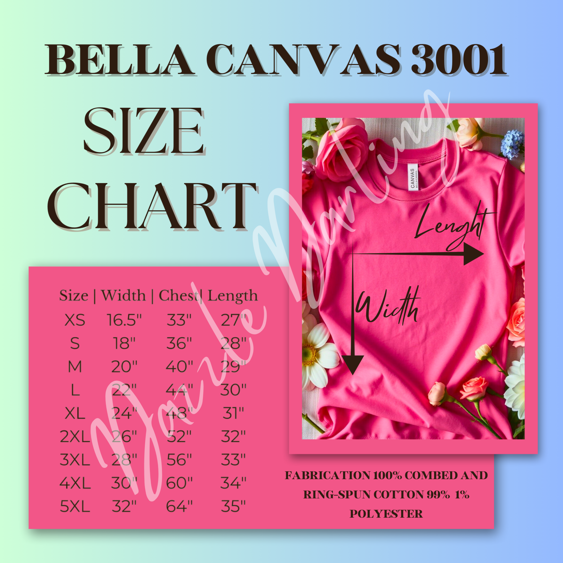 Bella Canvas 3001 size chart with a pink shirt on a blue background