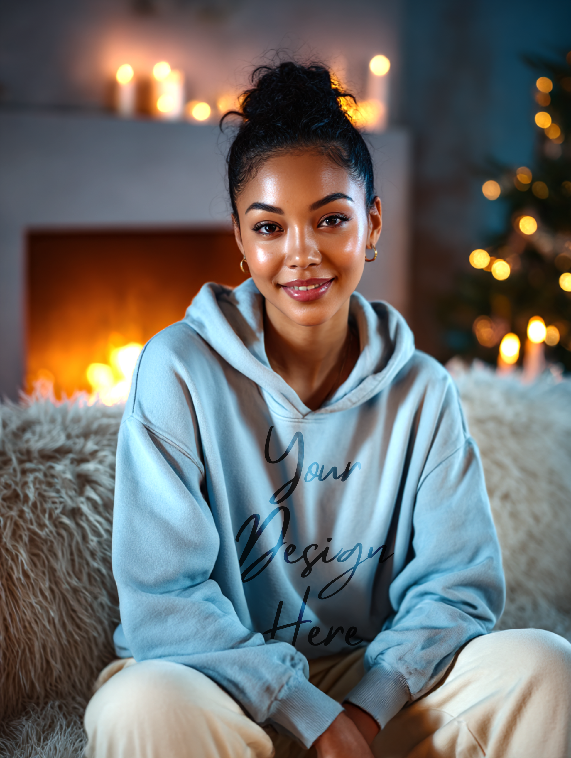 Blue hoodie mockup PNG 300 DPI in cozy lifestyle setting – Dazzle Darling