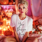 Pumpkin glow t-shirt mockup PNG 300 DPI in cozy pink fall setting – Dazzle Darling