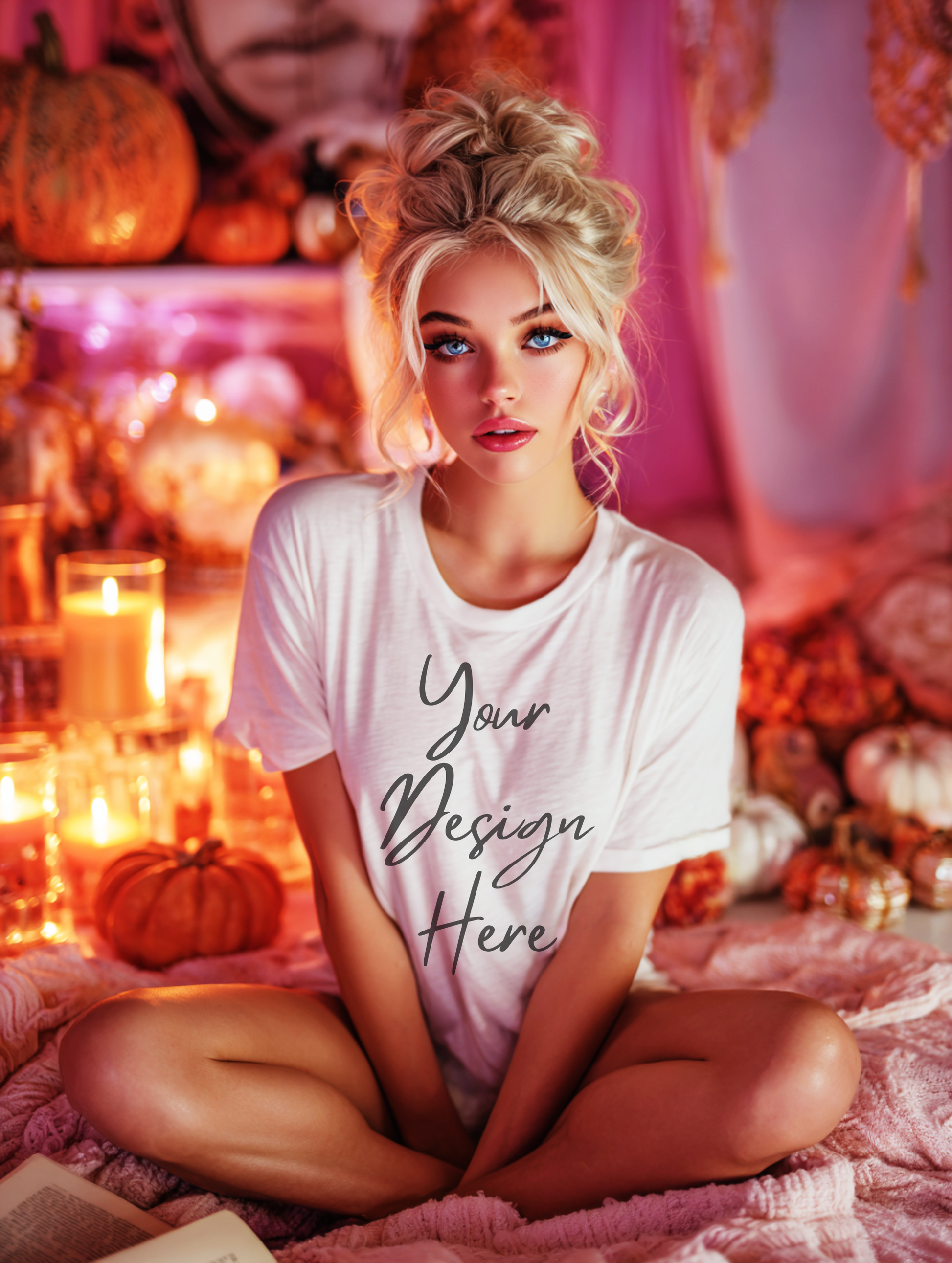 Pumpkin glow t-shirt mockup PNG 300 DPI in cozy pink fall setting – Dazzle Darling