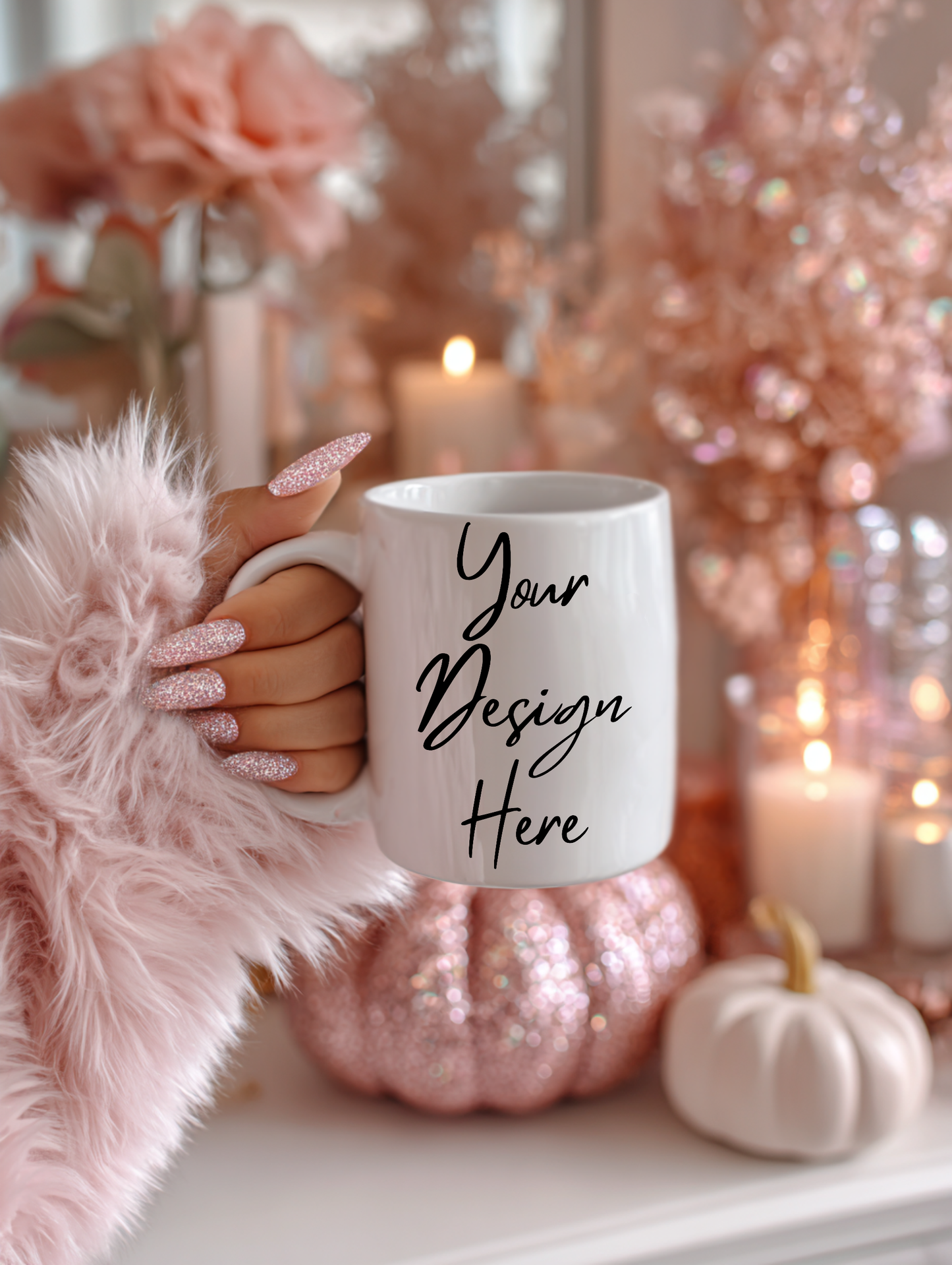 Pink pumpkin mug mockup with glitter details and soft candlelight — feminine autumn aesthetic by Dazzle Darling