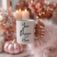 Cozy glam pink pumpkin mug mockup close-up — Barbiecore fall aesthetic PNG 300 DPI
