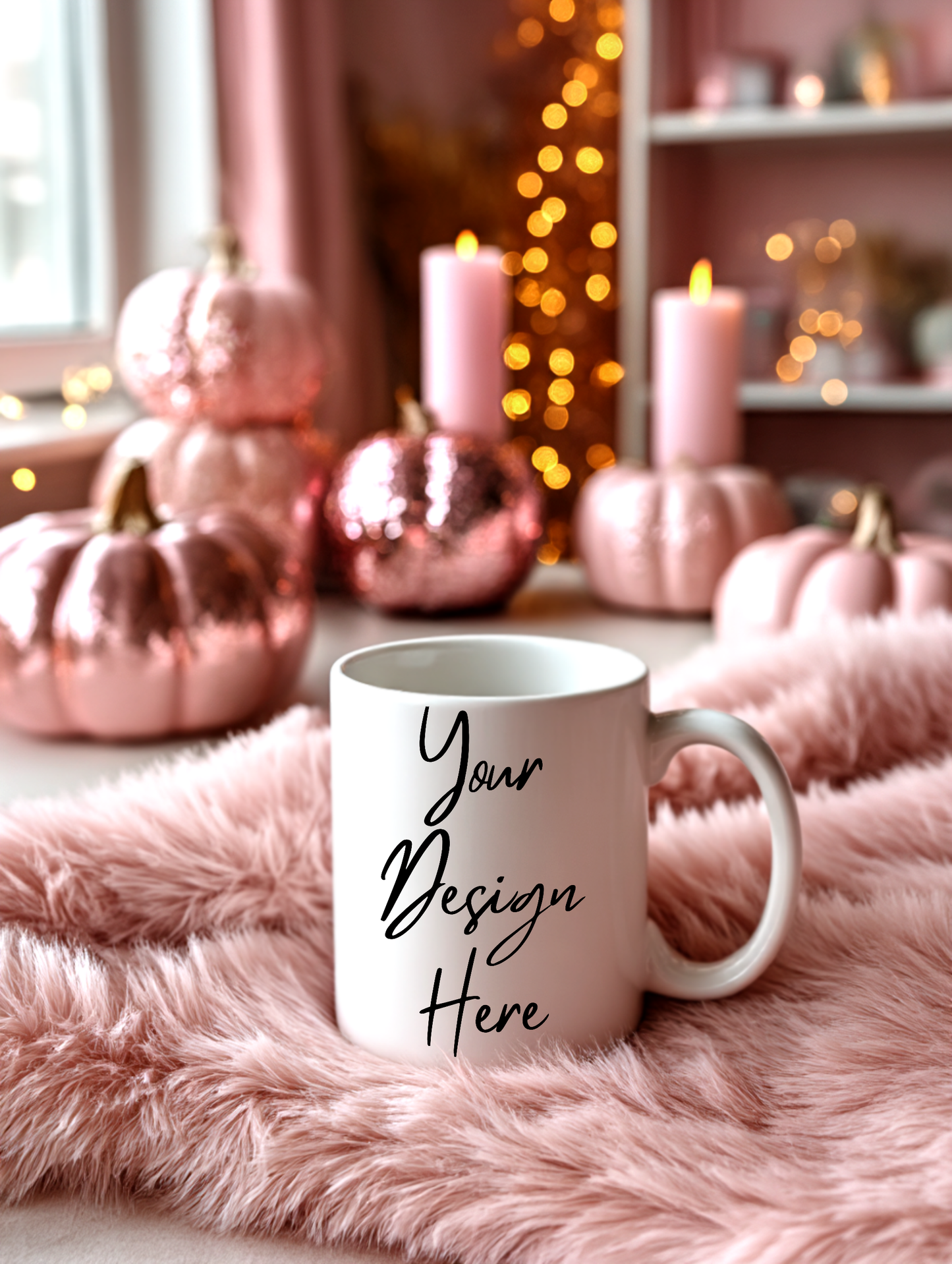 blush cozy mug mockup on white wooden table, soft light, shabby chic style, high resolution 300 DPI
