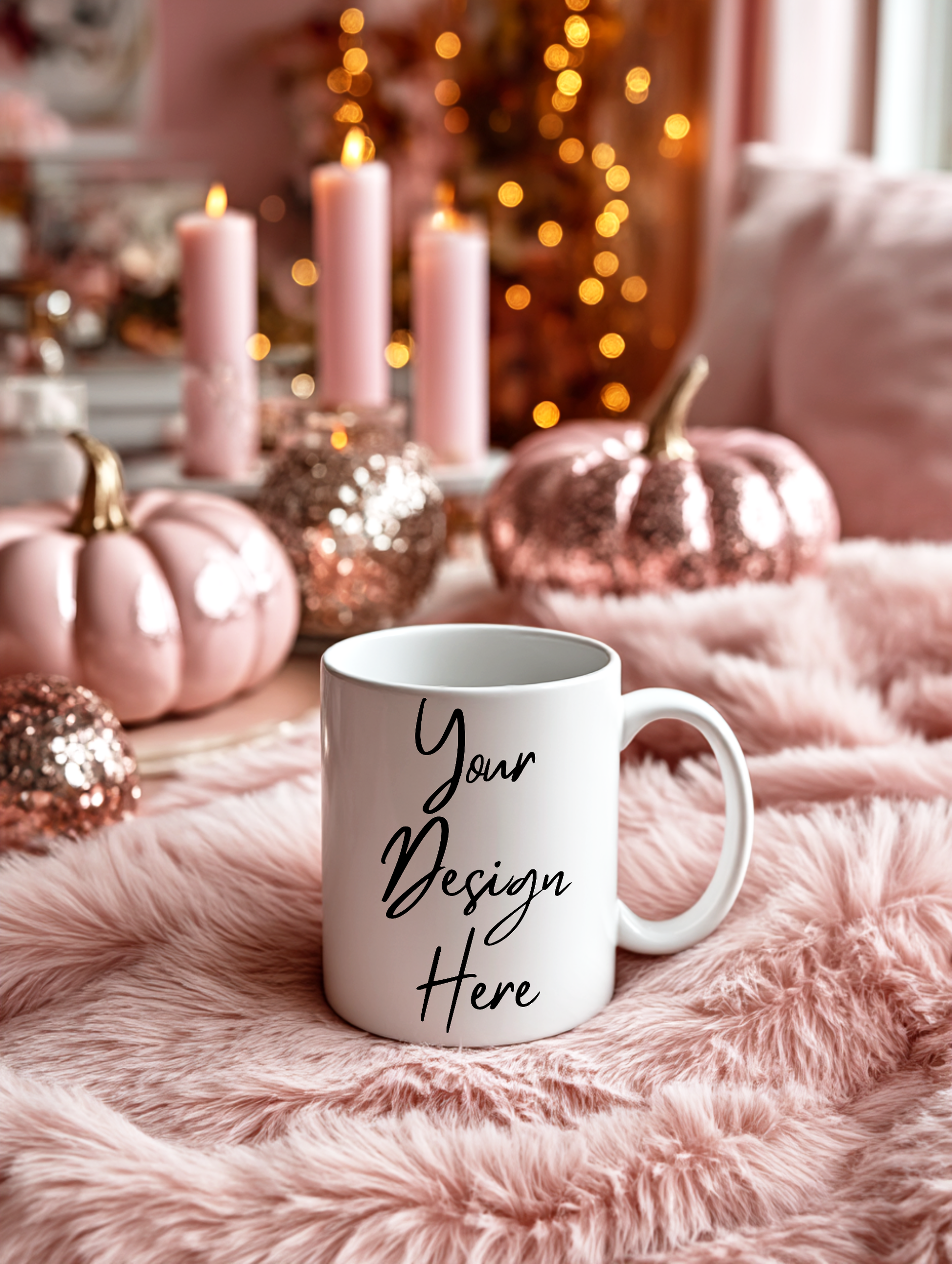 elegant white mug mockup with cozy blanket and flowers, feminine Halloween scene, Canva ready