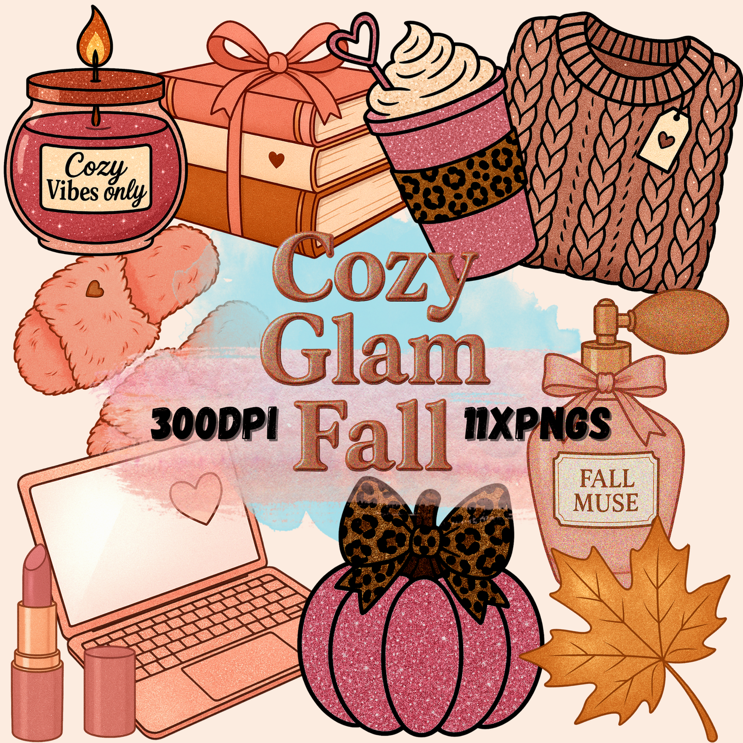 Collage of fall-themed items including a candle, gift, sweater, laptop, pumpkin, and lipstick with 'Cozy Glam Fall' text.