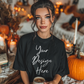 Cozy fall lifestyle T-shirt mockup with brunette woman holding a coffee mug, surrounded by pumpkins and candlelight. 300 DPI PSD and PNG mockup for Print-on-Demand apparel designs.
