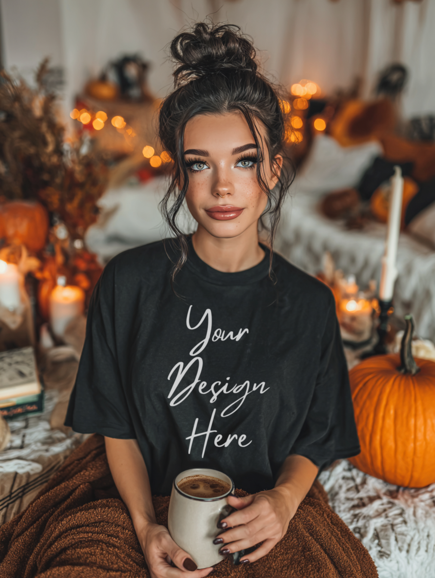 Cozy fall lifestyle T-shirt mockup with brunette woman holding a coffee mug, surrounded by pumpkins and candlelight. 300 DPI PSD and PNG mockup for Print-on-Demand apparel designs.