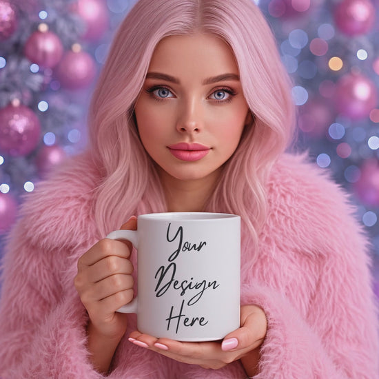 Pink winter mug mockup video in cozy holiday setting, featuring soft pastel tones and feminine Christmas aesthetic — perfect for Etsy sellers and product previews by Dazzle Darling.
