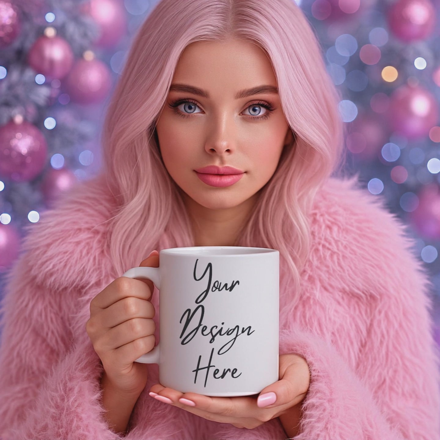 Pink winter mug mockup video in cozy holiday setting, featuring soft pastel tones and feminine Christmas aesthetic — perfect for Etsy sellers and product previews by Dazzle Darling.