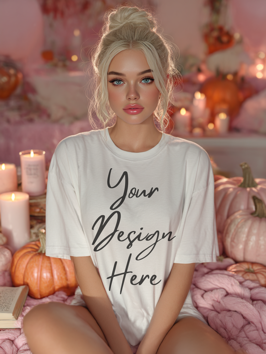 Feminine lifestyle T-shirt mockup with cozy autumn pink decor, pumpkins and candlelight. High-end 300 DPI PSD and PNG mockup for Print-on-Demand apparel design.