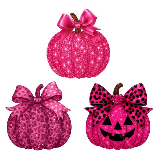 Three pink glittery pumpkins with decorative bows on a white background