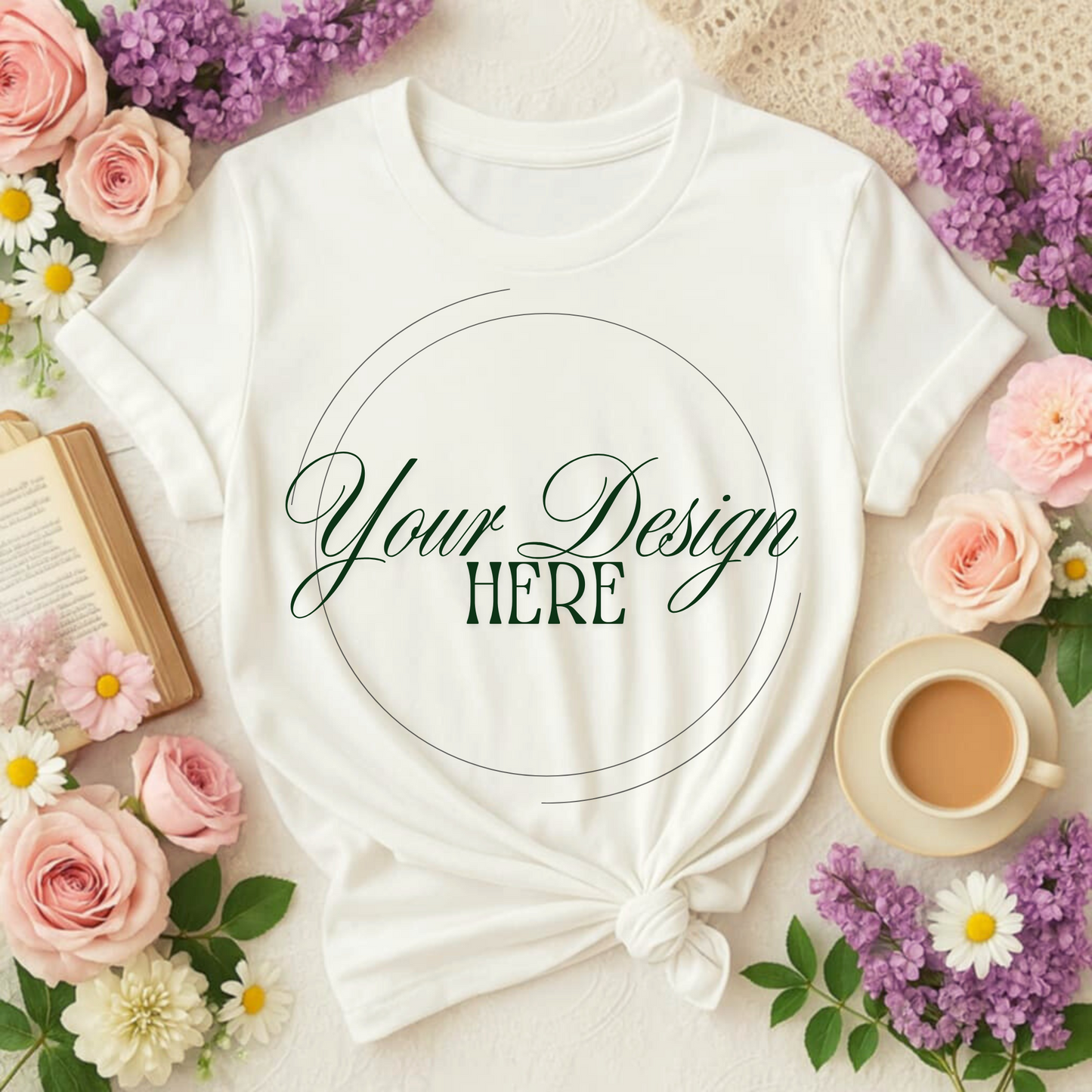 White T-Shirt Mockup with Knot – Flat Lay Shabby Chic Style